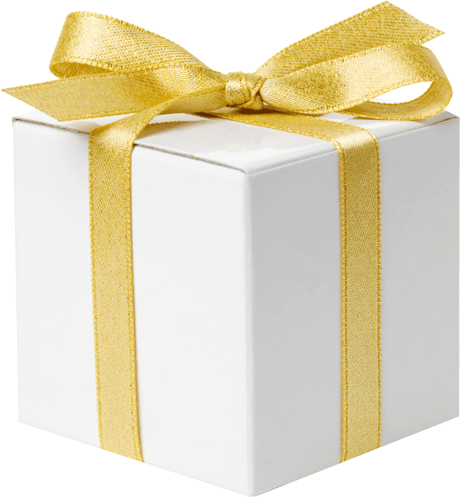 Weißes quadratisches Geschenk Packerl mit goldener Schleife